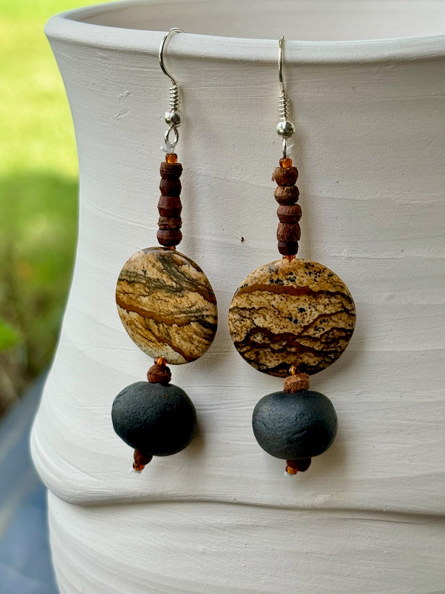 Brown Stone, Black Raku Earring, Wood Beads