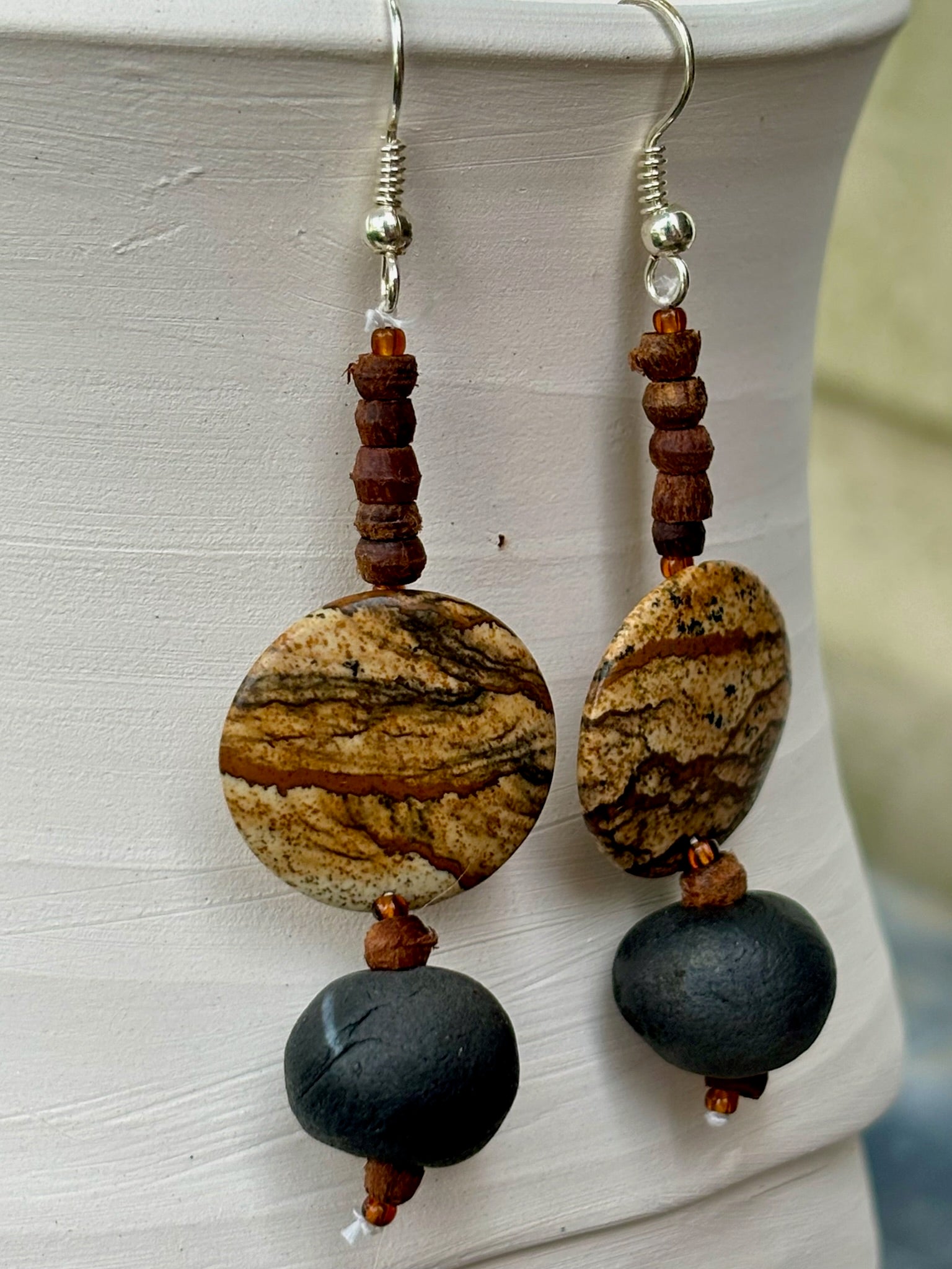 Brown Stone, Black Raku Earring, Wood Beads