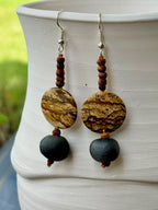 Brown Stone, Black Raku Earring, Wood Beads