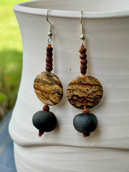 Brown Stone, Black Raku Earring, Wood Beads